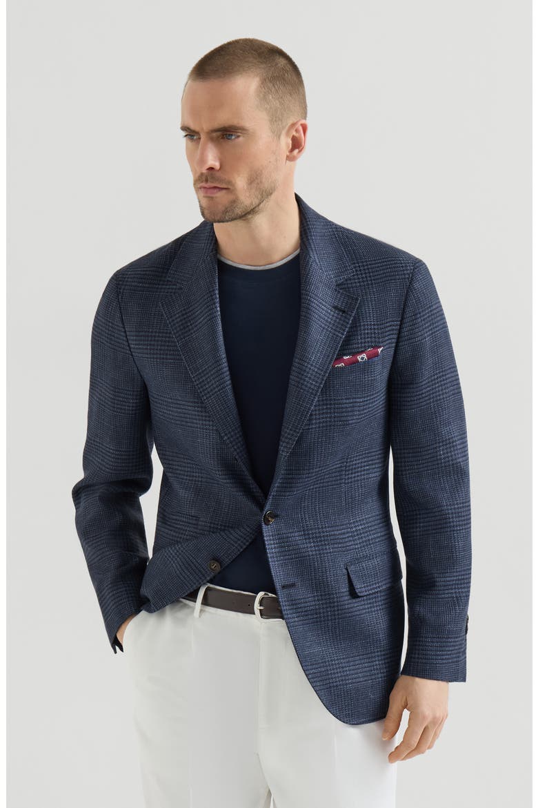 Wool, silk and linen Prince of Wales deconstructed blazer, Main, color, Denim