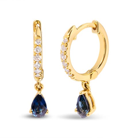 10K Yellow Gold Pear Blue Sapphire and Diamond Drop and Dangle Hoop Earrings