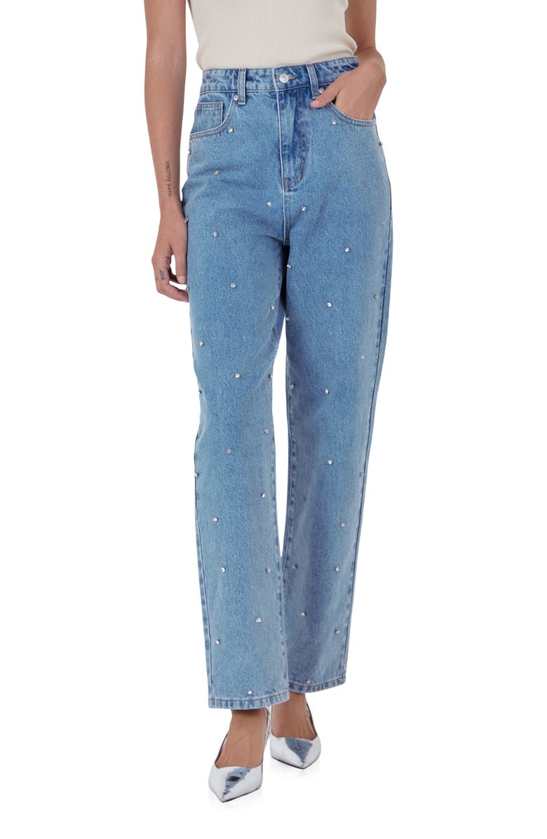 Endless Rose Crystal Embellished High Waist Rigid Straight Leg Jeans, Alternate, color, Denim