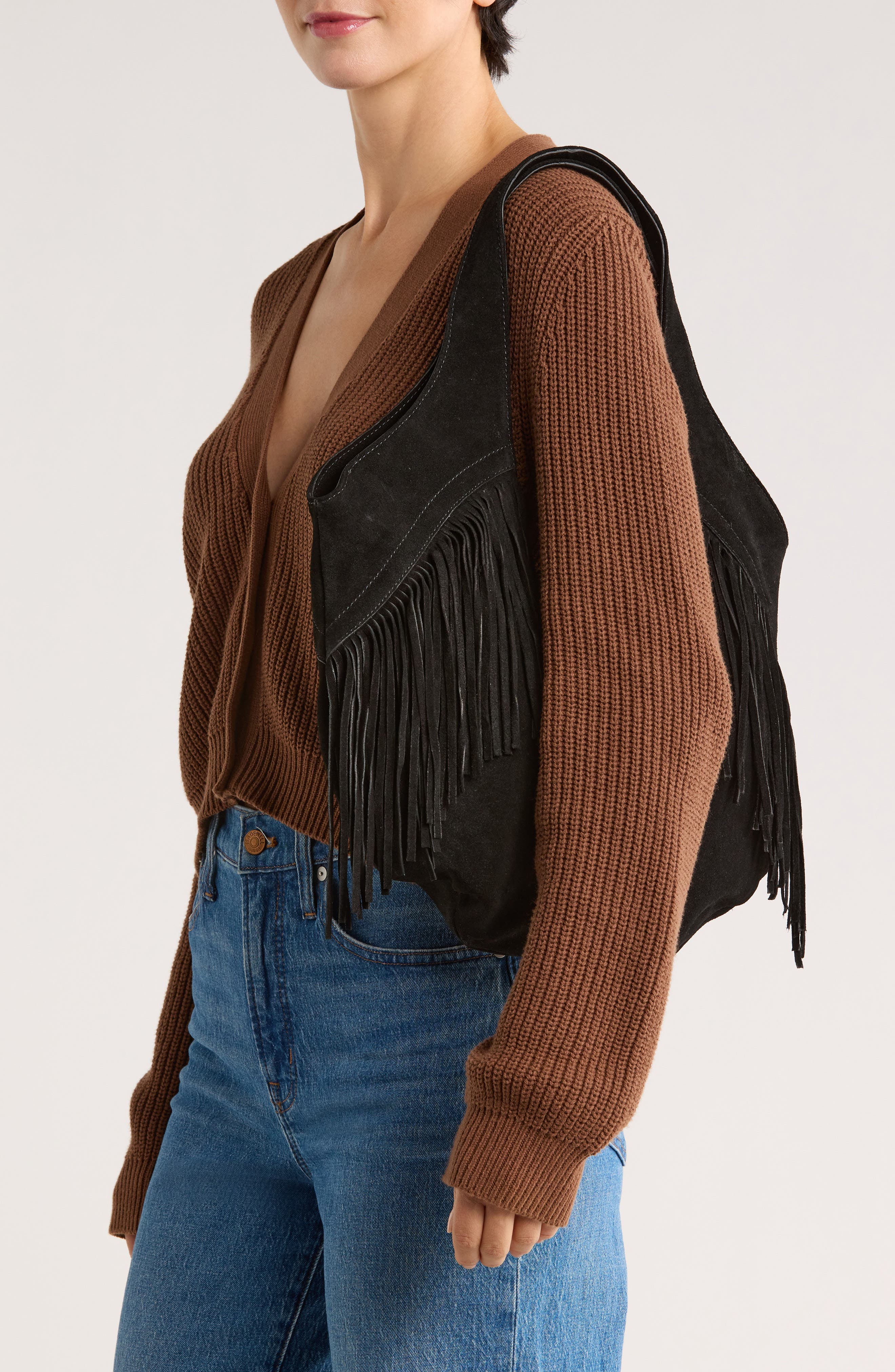 Lucky Brand Nyra Fringe Suede Tote Bag, Alternate, color, Black