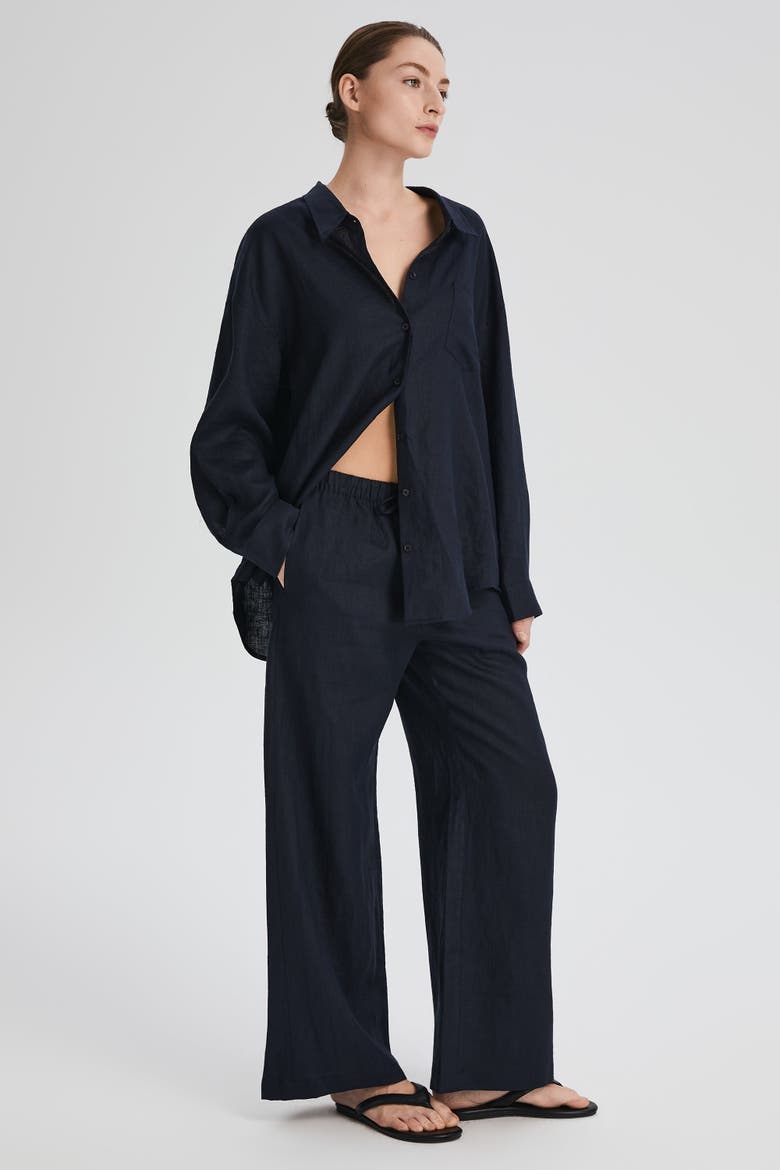 Oversized Linen Wide-Leg Drawstring Pants, Alternate, color, Navy