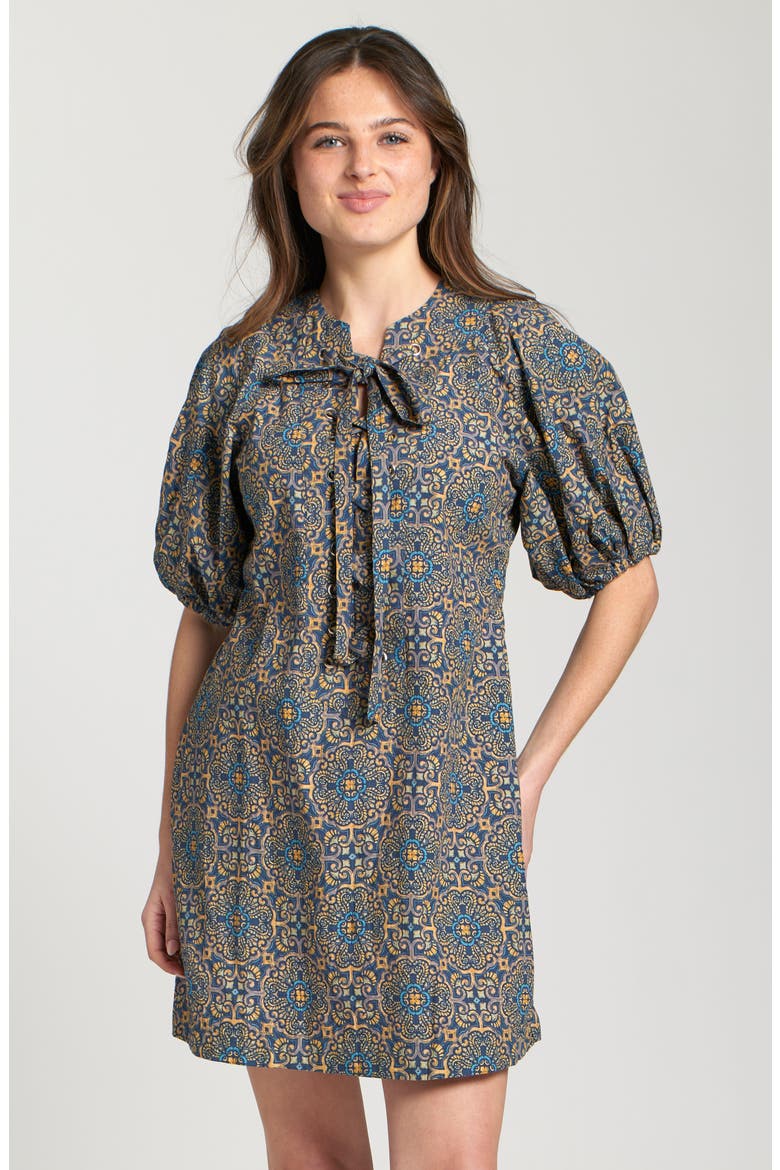 Mixed Tile Print Puff Sleeve Cotton Dress, Alternate, color, INDIGO MULTI