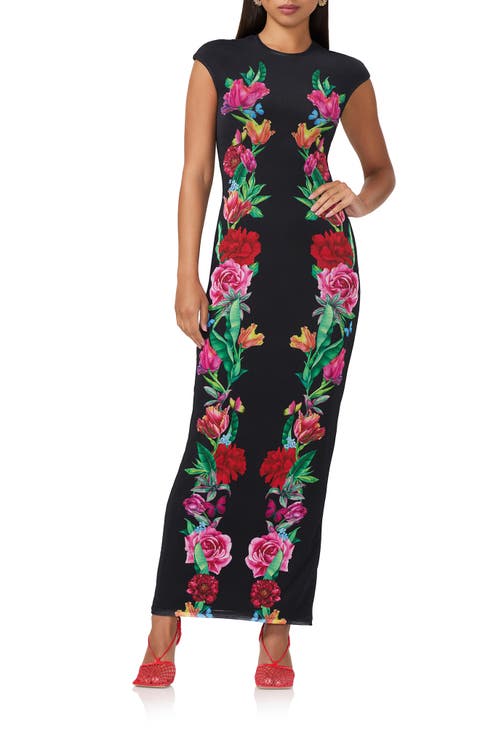 Cody Printed Cap Sleeve Mesh Maxi Dress