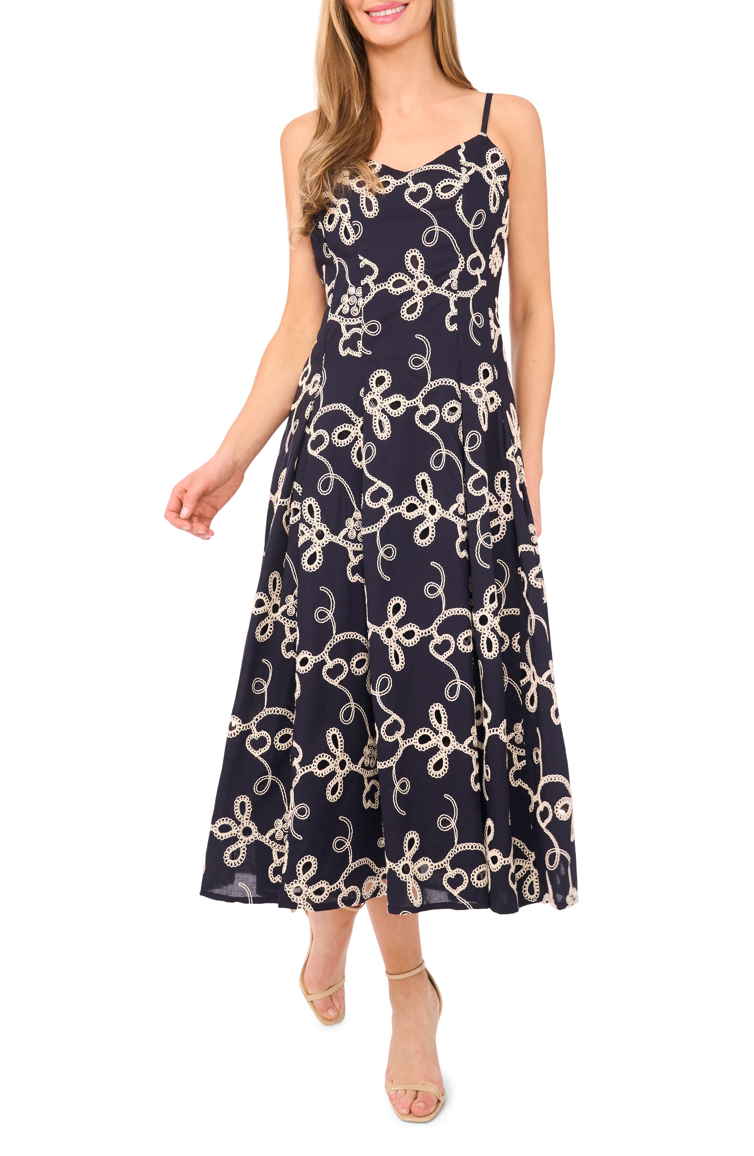 CeCe Embroidered Godet Pleat Cotton A-Line Dress
