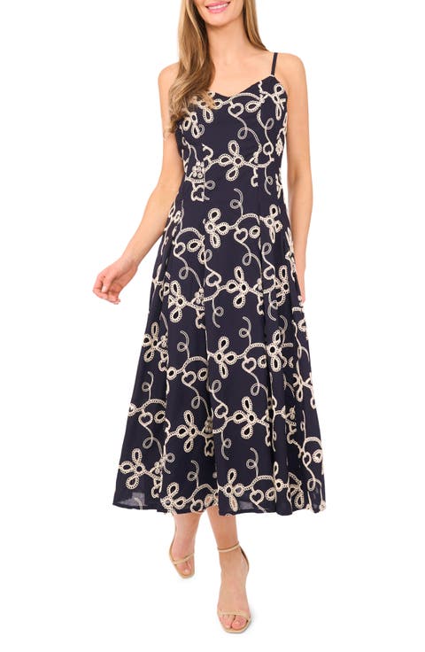 Embroidered Godet Pleat Cotton A-Line Dress