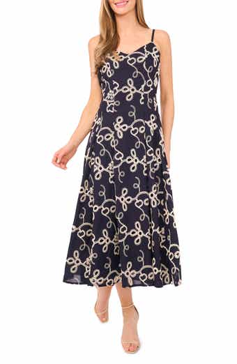 CeCe Embroidered Godet Pleat Cotton A-Line Dress