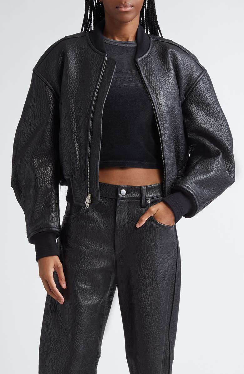 Alexander Wang Primal Lambskin Leather Crop Bomber Jacket, Main, color, Black