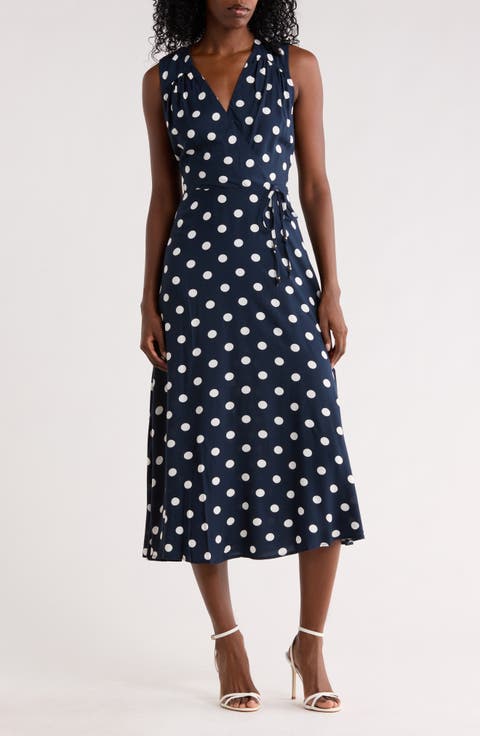 Polka Dot Sleeveless Faux Wrap Maxi Dress