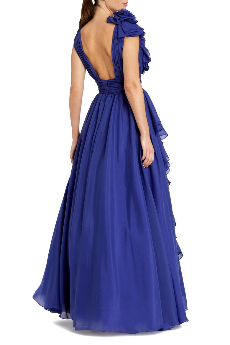 Ruffle Shoulder V-Neck Chiffon Gown, Alternate, color, COBALT