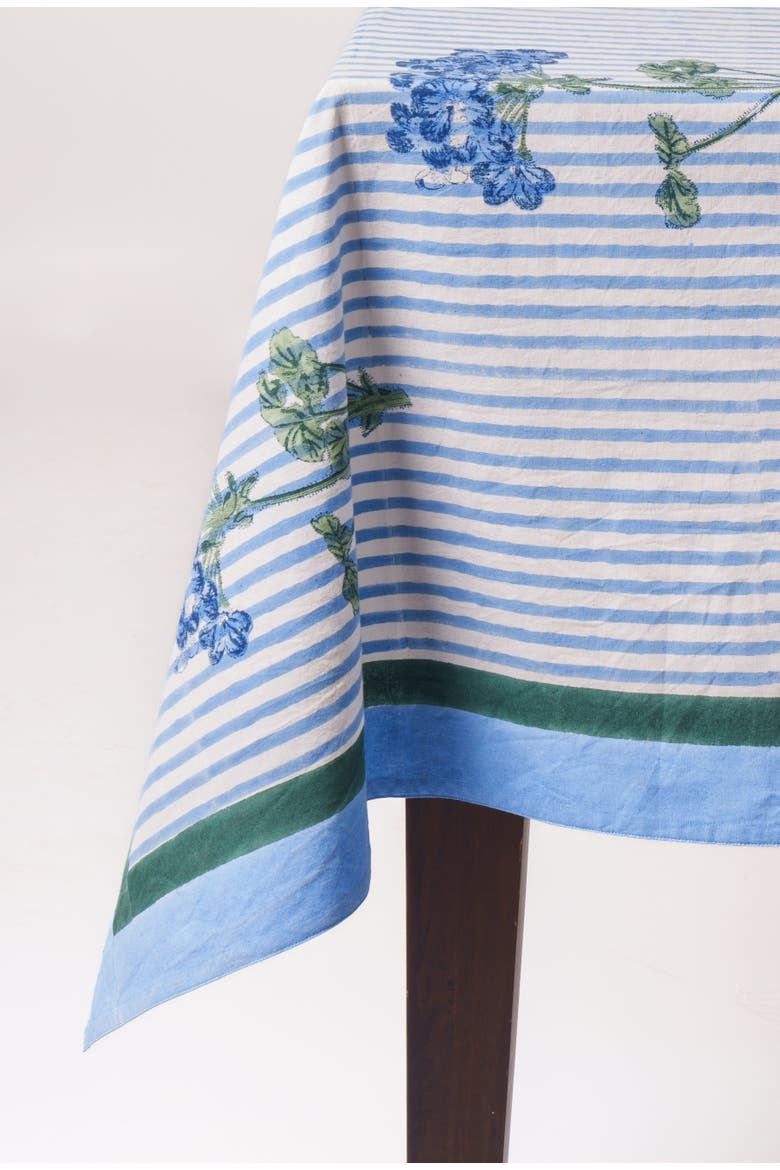 Hydrangea Blockprint Tablecloth, Alternate, color, Blue - 70x120