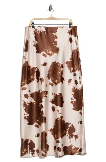 Renee C Satin Cow Print Midi Skirt In Brown