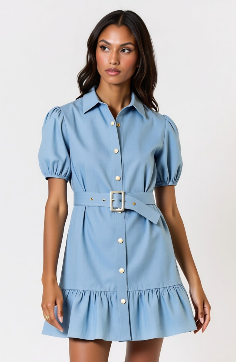 Modenaire Short Sleeve Belted Button-Up Mini Dress with Puff Sleeves, Alternate, color, Blue