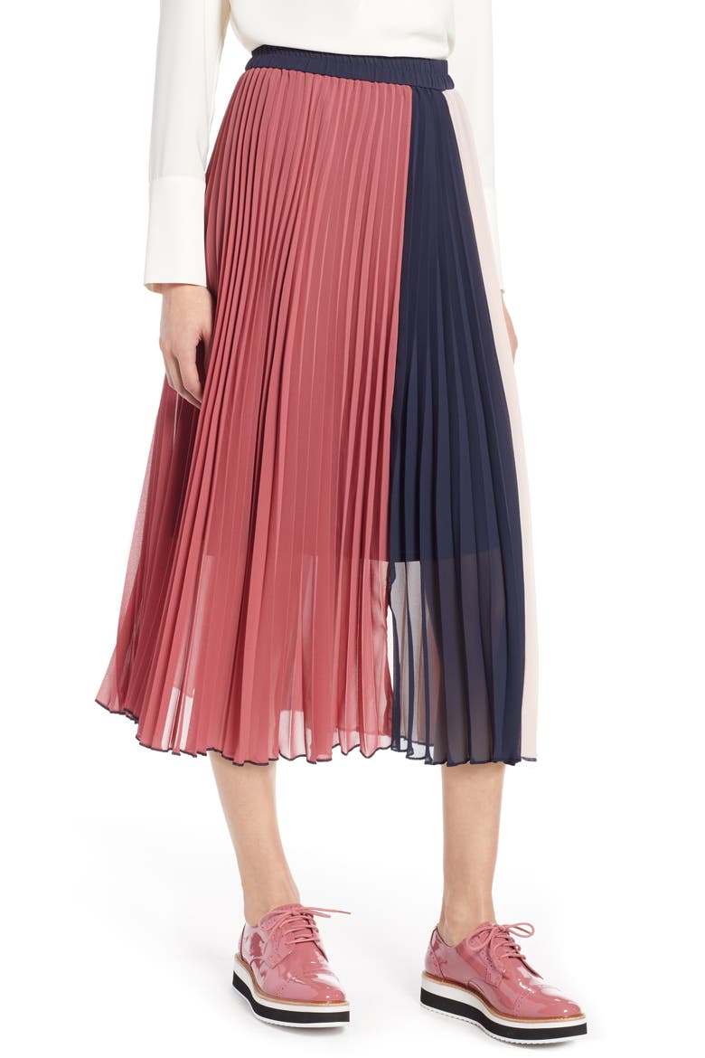 x Atlantic-Pacific Colorblock Pleated Midi Skirt, Main, color, PINK- NAVY COLORBLOCK