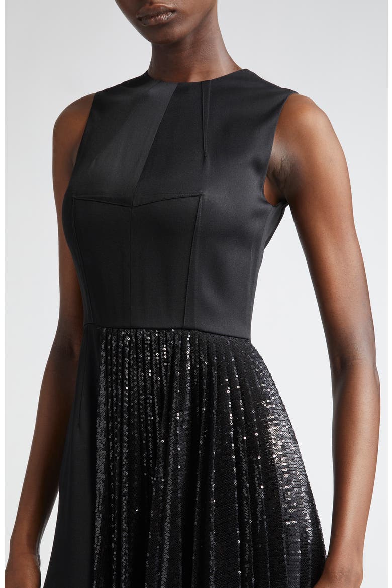 Pleated Sequin Overlay Satin Sheath Dress, Alternate, color, BLACK