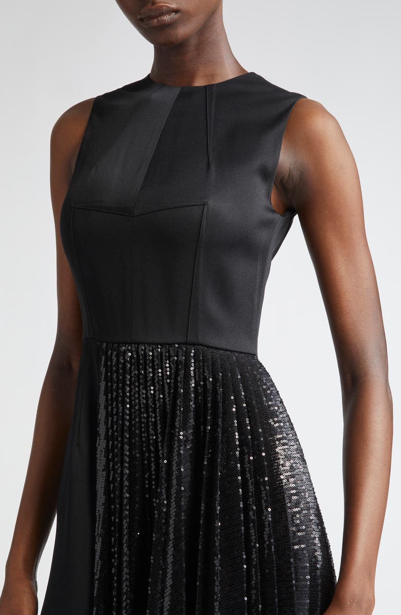 Michael Kors Collection Pleated Sequin Overlay Satin Sheath Dress, Alternate, color, Black