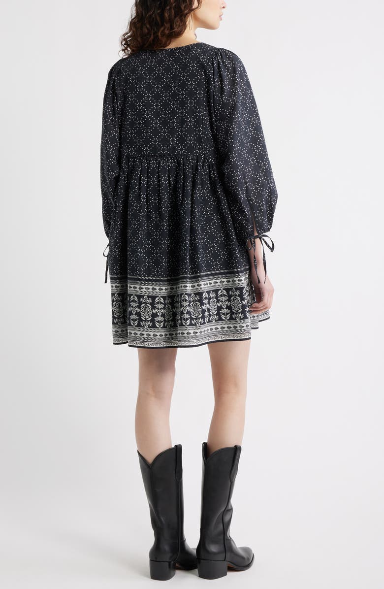 Treasure & Bond Long Sleeve Cotton Babydoll Dress, Alternate, color, Black- Ivory Boho Border