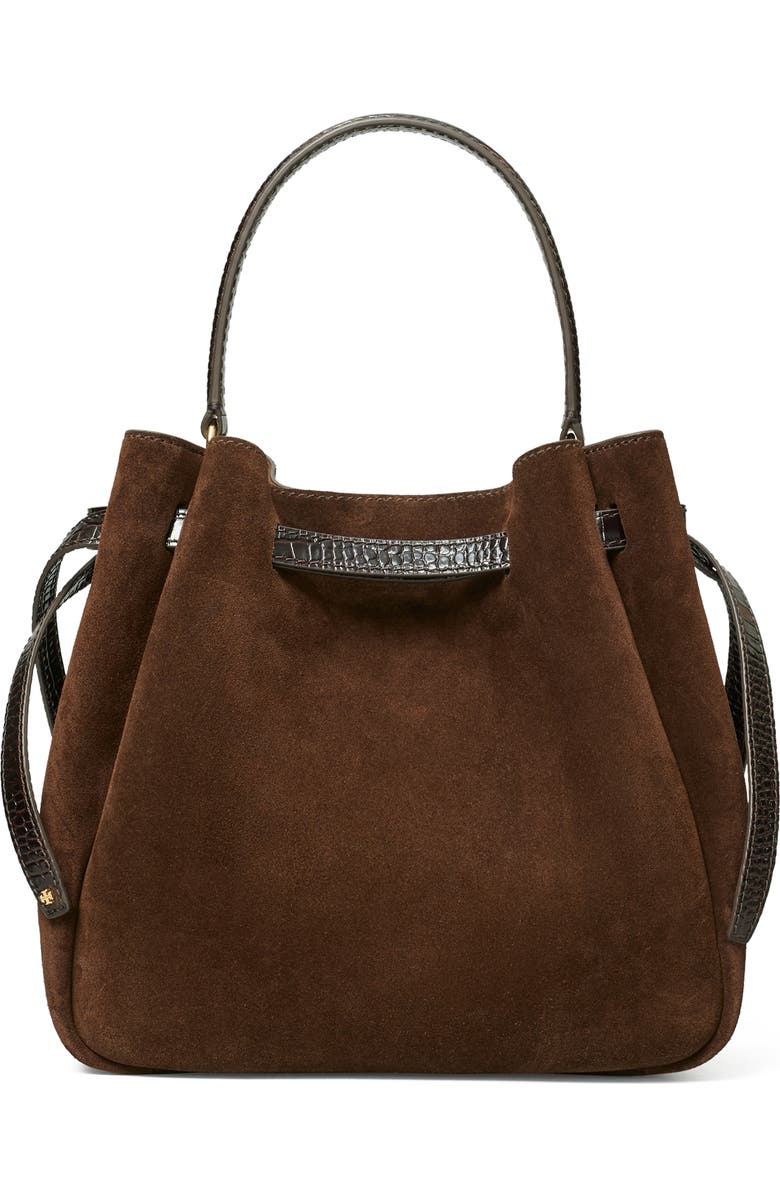 Tory Burch Romy Suede Bucket Bag, Alternate, color, Dark Cocoa