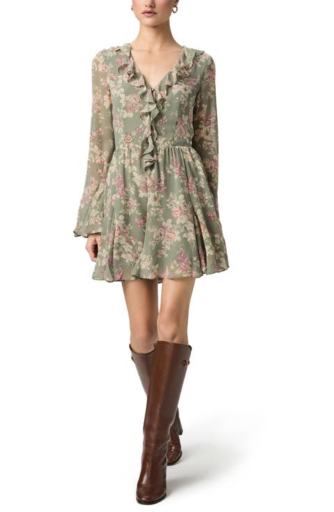 Cecconi Floral Long Sleeve Silk Fit & Flare Minidress