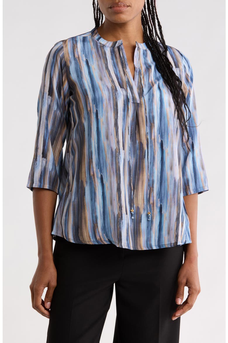 Tassel Mandarin Collar V-Neck Blouse, Main, color, BLUE/ BROWN MULTI