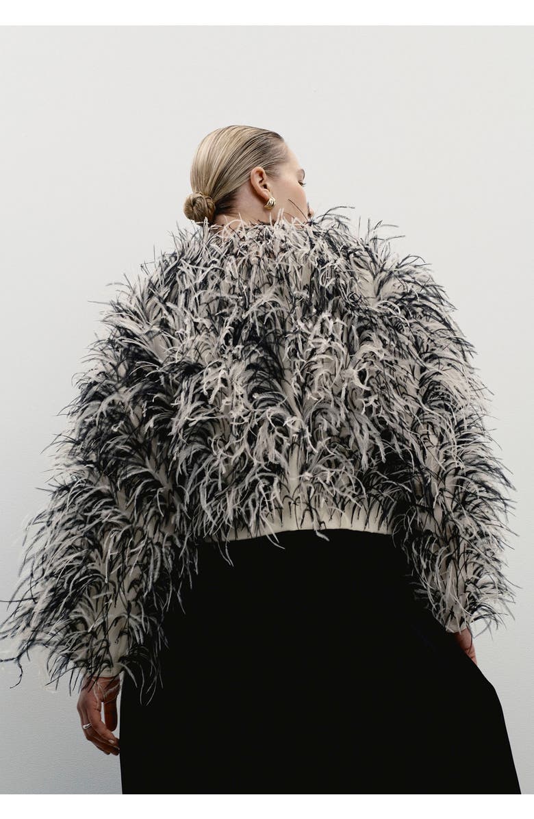 11 Honoré Ostrich Feather Cropped Jacket, Alternate, color, Cream And Black