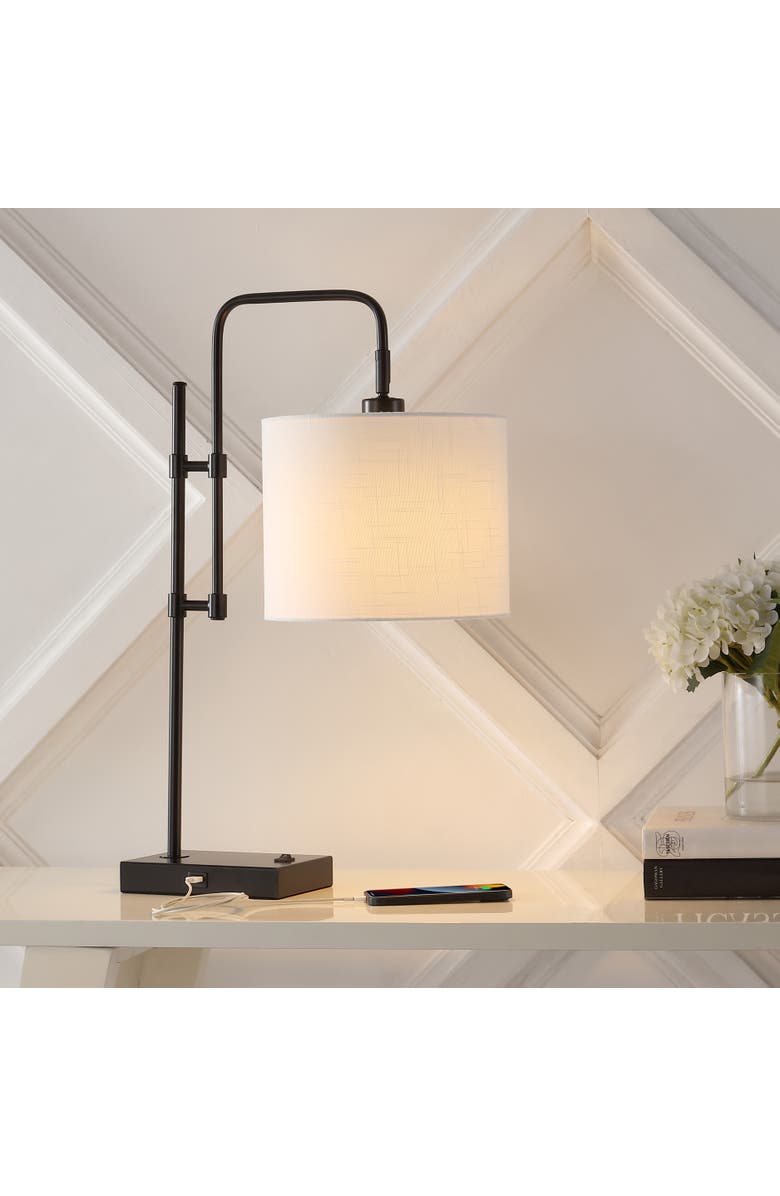 JONATHAN Y Edris Industrial Designer Metal LED Task Lamp with USB Charging Port, Alternate, color, Black With White Shade