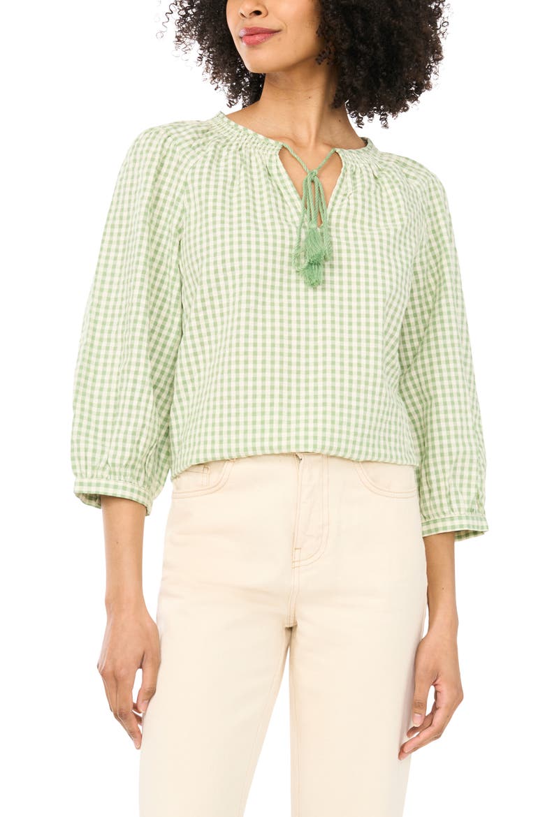 Print Tie Neck Cotton Peasant Top, Main, color, LILY GREEN
