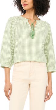 Vince Camuto Print Tie Neck Cotton Peasant Top