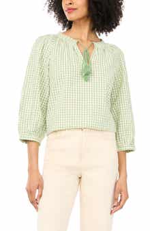 Print Tie Neck Cotton Peasant Top