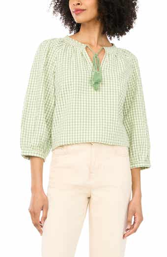 Print Tie Neck Cotton Peasant Top