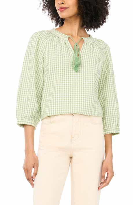 Print Tie Neck Cotton Peasant Top