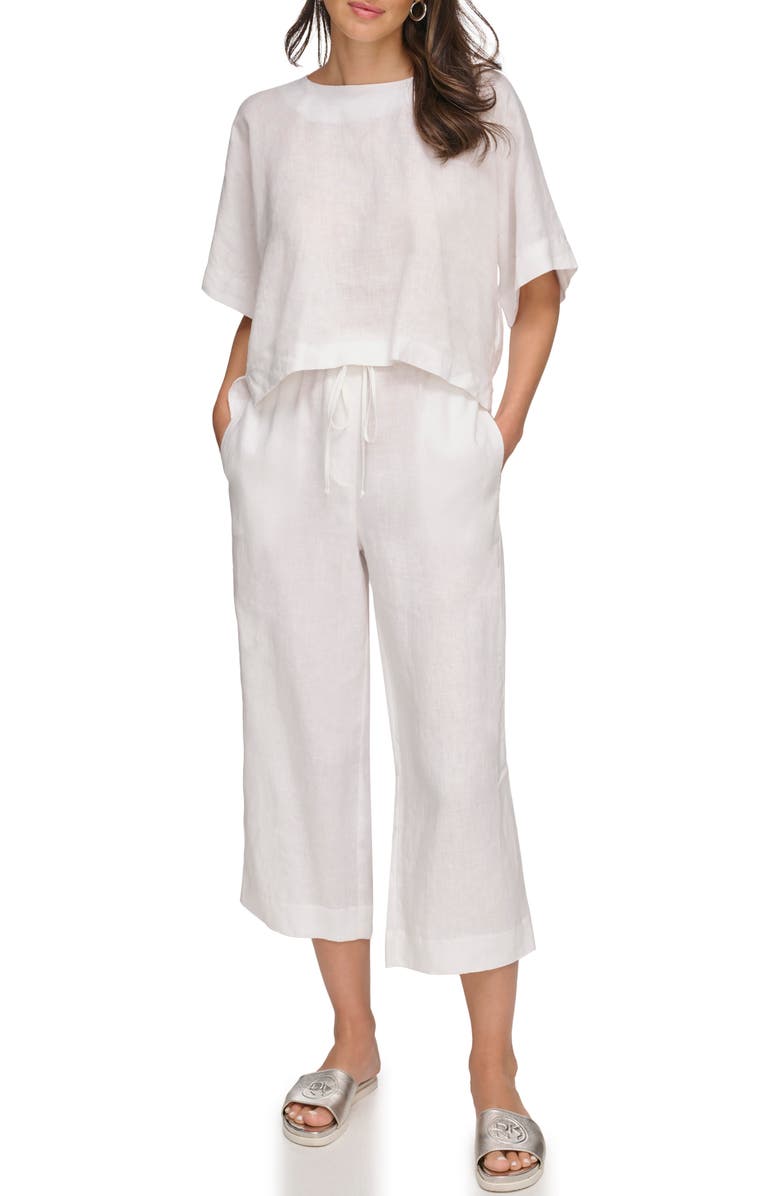 DKNY Drop Shoulder Boxy Linen Top, Alternate, color, White