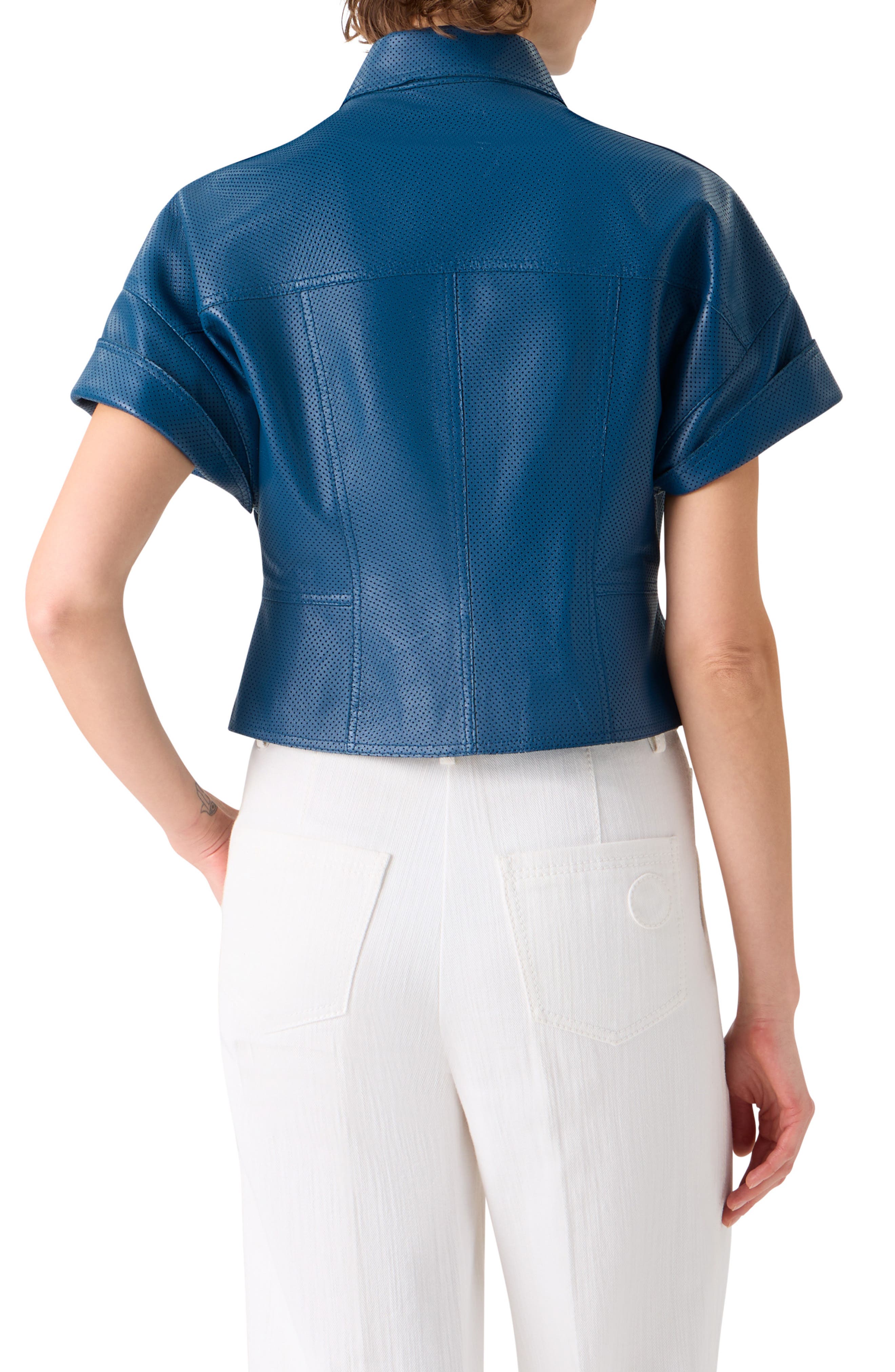 Short Sleeve Perforated Lambskin Leather Crop Jacket - image 2