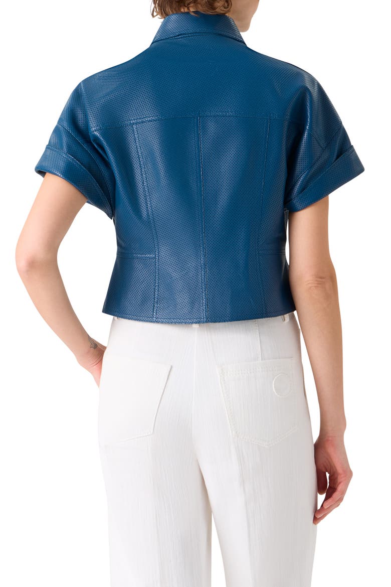 Short Sleeve Perforated Lambskin Leather Crop Jacket, Alternate, color, DARK BLUE