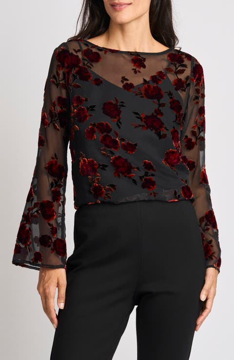Flared Sleeve Velvet Floral Boatneck Top