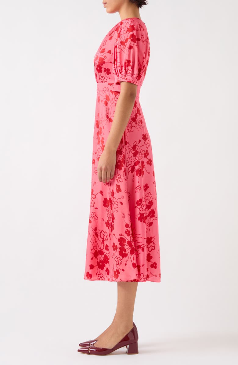 LK Bennett Jem Puff Sleeve Hammered Satin Midi Dress, Alternate, color, Pink