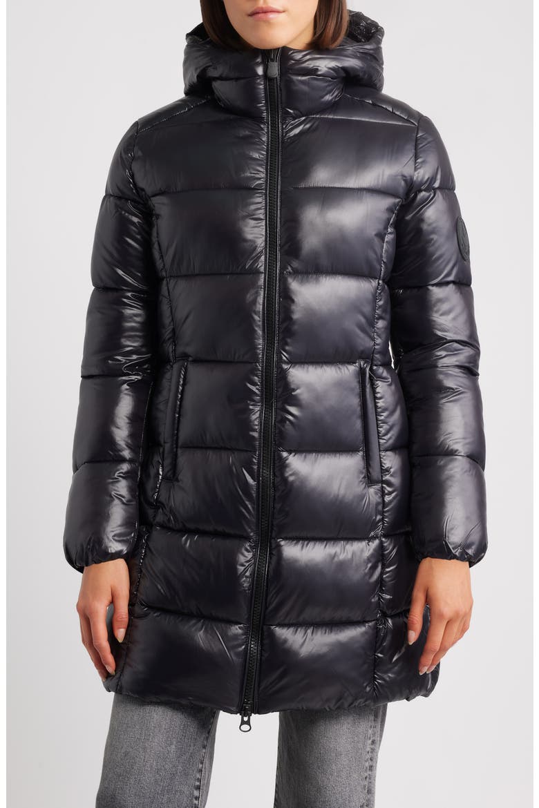 Ines Water Repellent Longline Hooded Puffer Jacket, Main, color, BLACK