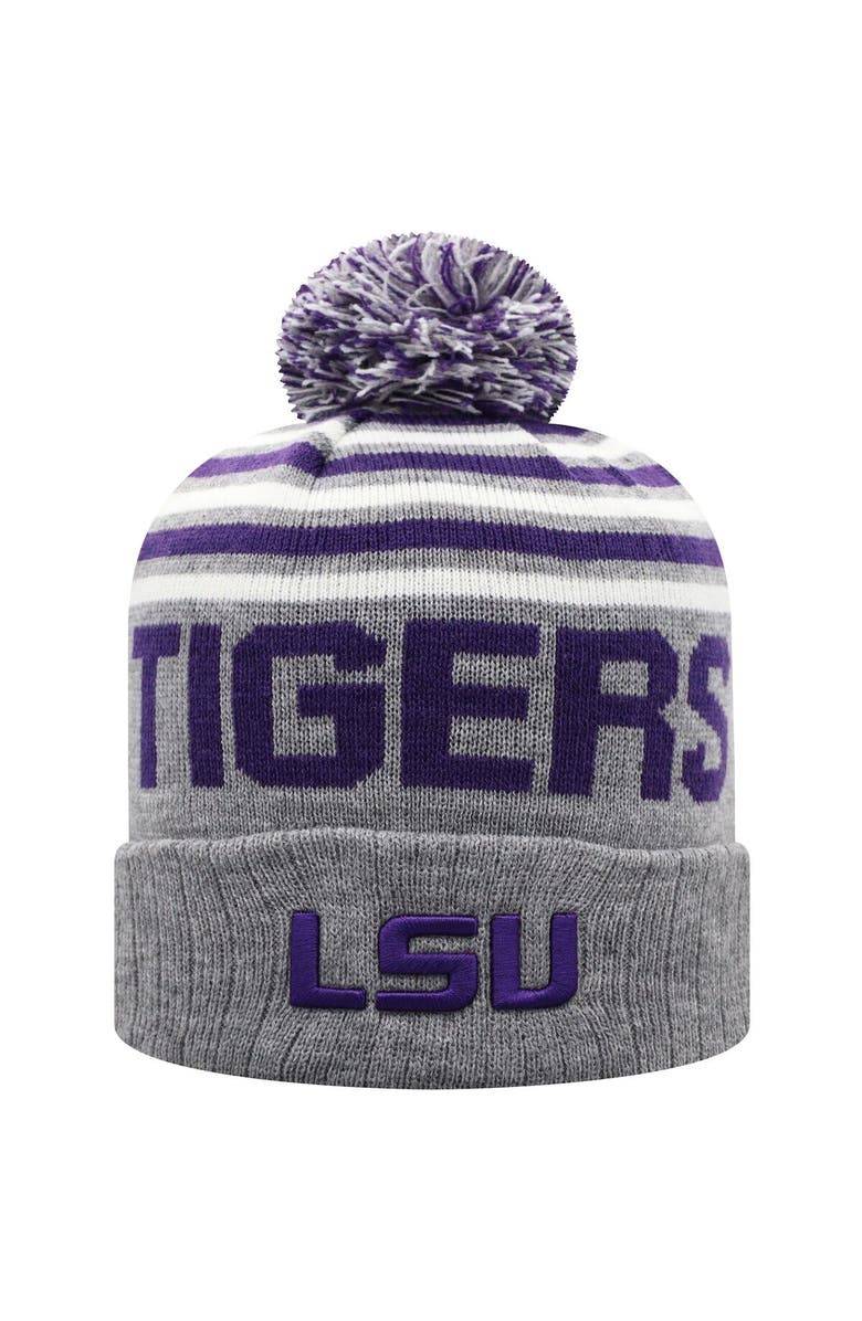 TOP OF THE WORLD Men's Top of the World Heathered Gray LSU Tigers Ensuing Cuffed Knit Hat with Pom, Main, color,