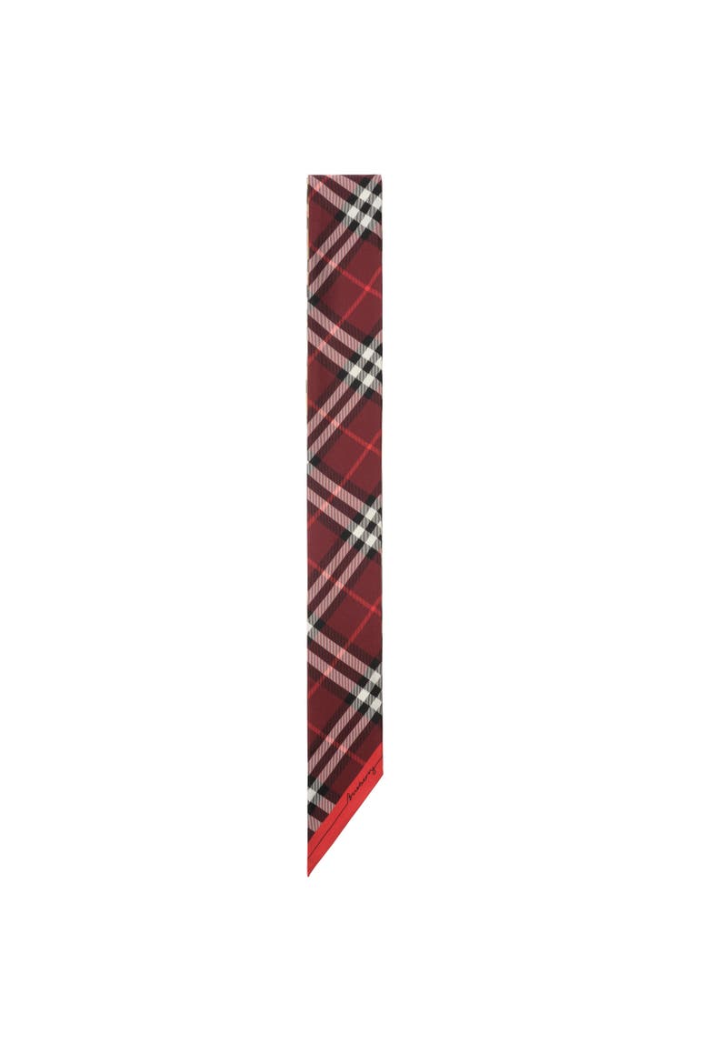 Skinny Contrast Check Silk Scarf, Alternate, color, Sand beige/oxblood red
