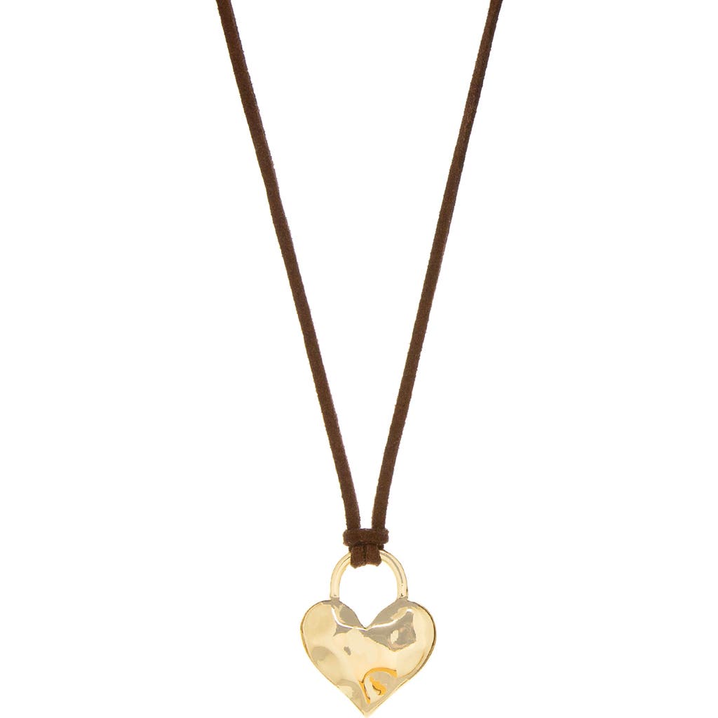 MARLYN SCHIFF Adjustable Heart Charm Suede Pendant Necklace in Gold Brown  product