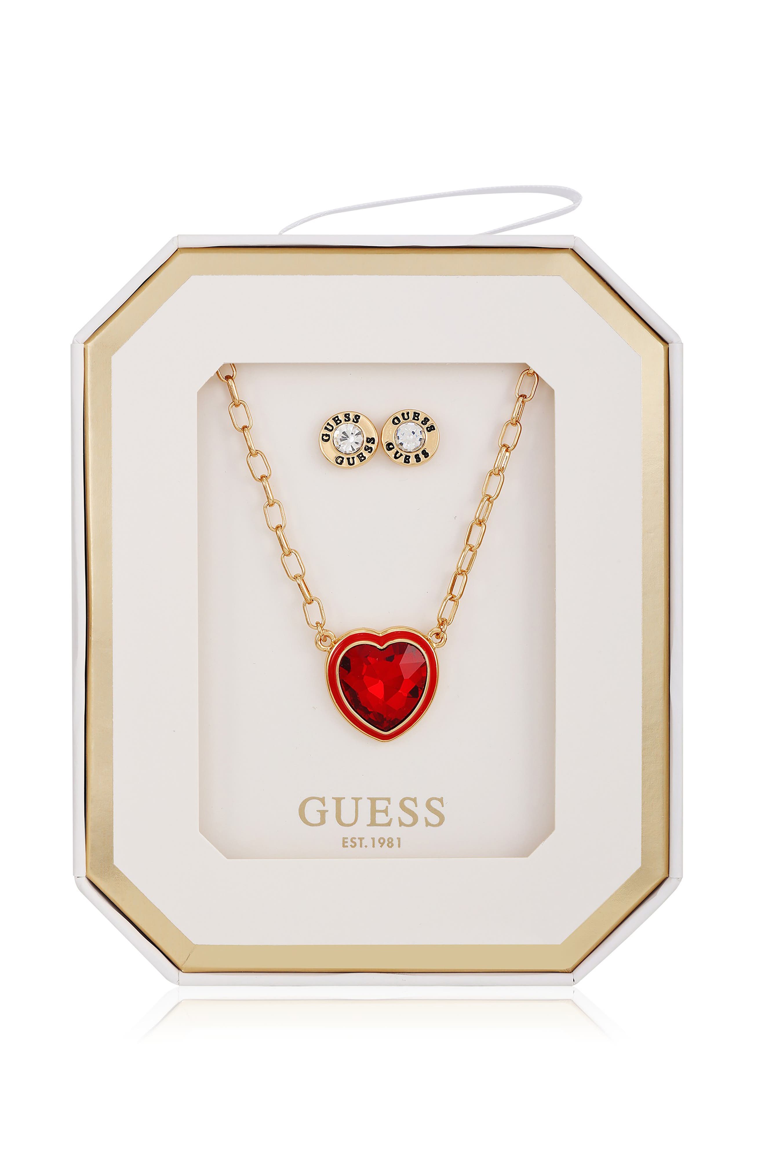 GUESS Heart Pendant Necklace & Stud Earrings Set