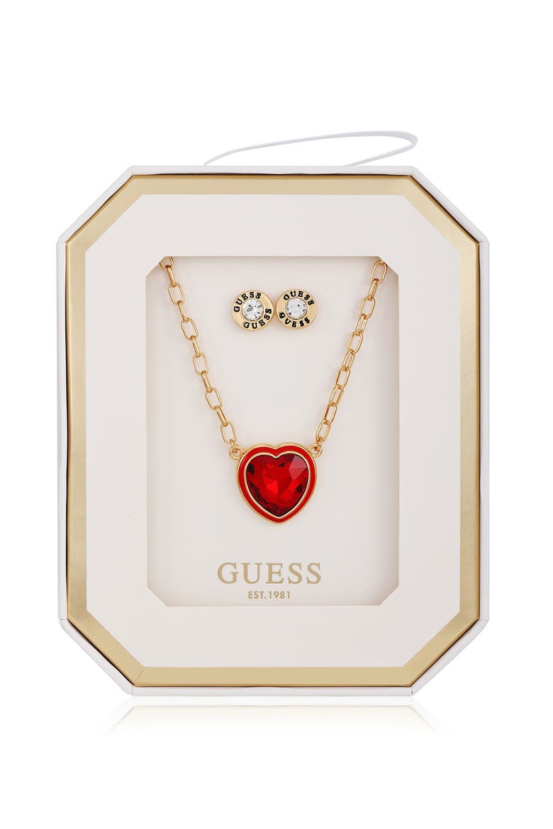 Heart Pendant Necklace & Stud Earrings Set, Main, color, GOLD/RED