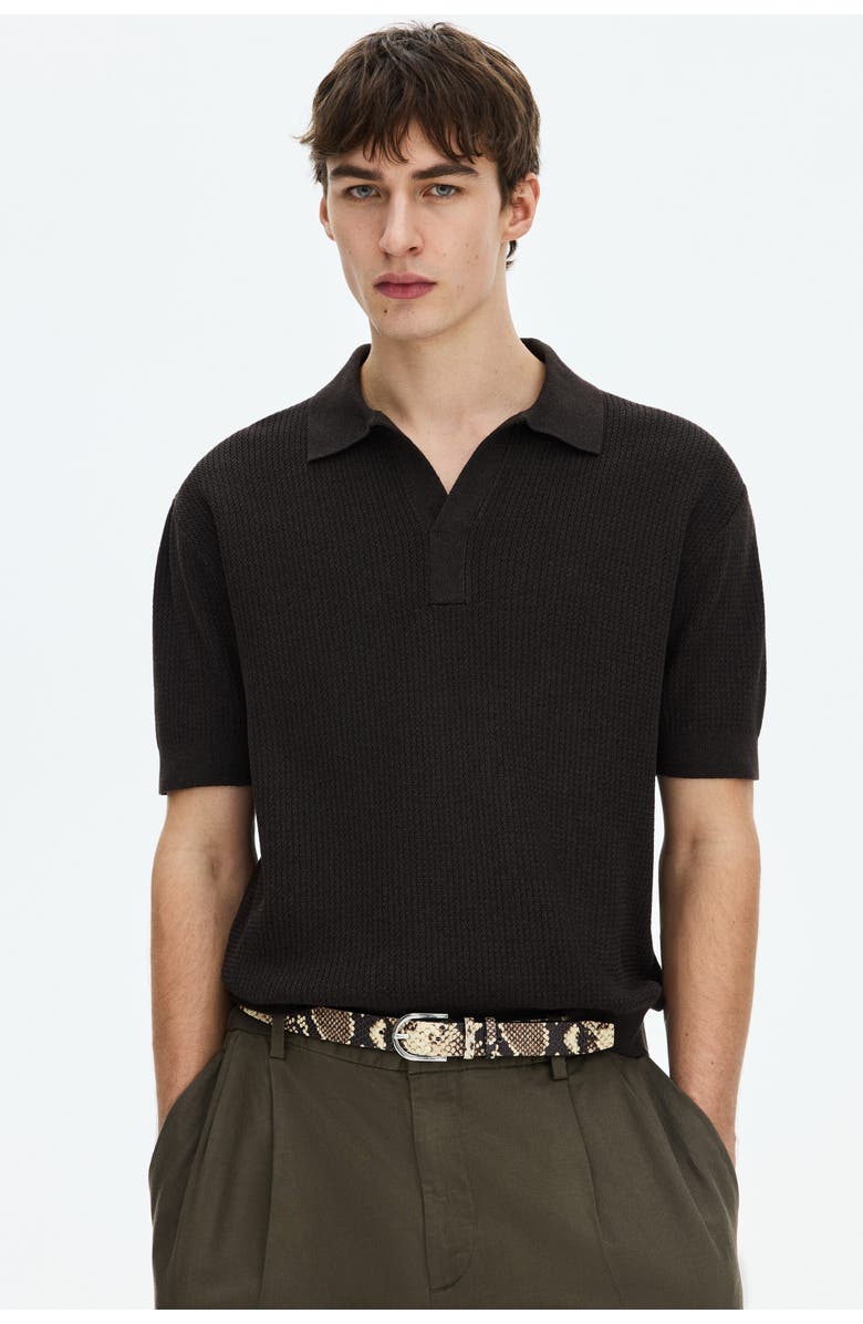 H&M Regular Fit Cable-knit Polo Shirt, Alternate, color, Dark Brown