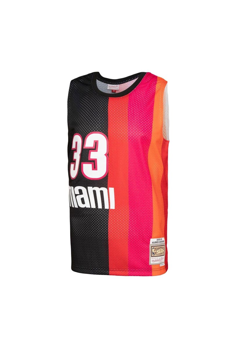 Mitchell & Ness Men's Mitchell & Ness Alonzo Mourning Black/Red Miami Heat Hardwood Classics 2005/06 Split Swingman Jersey, Alternate, color, 