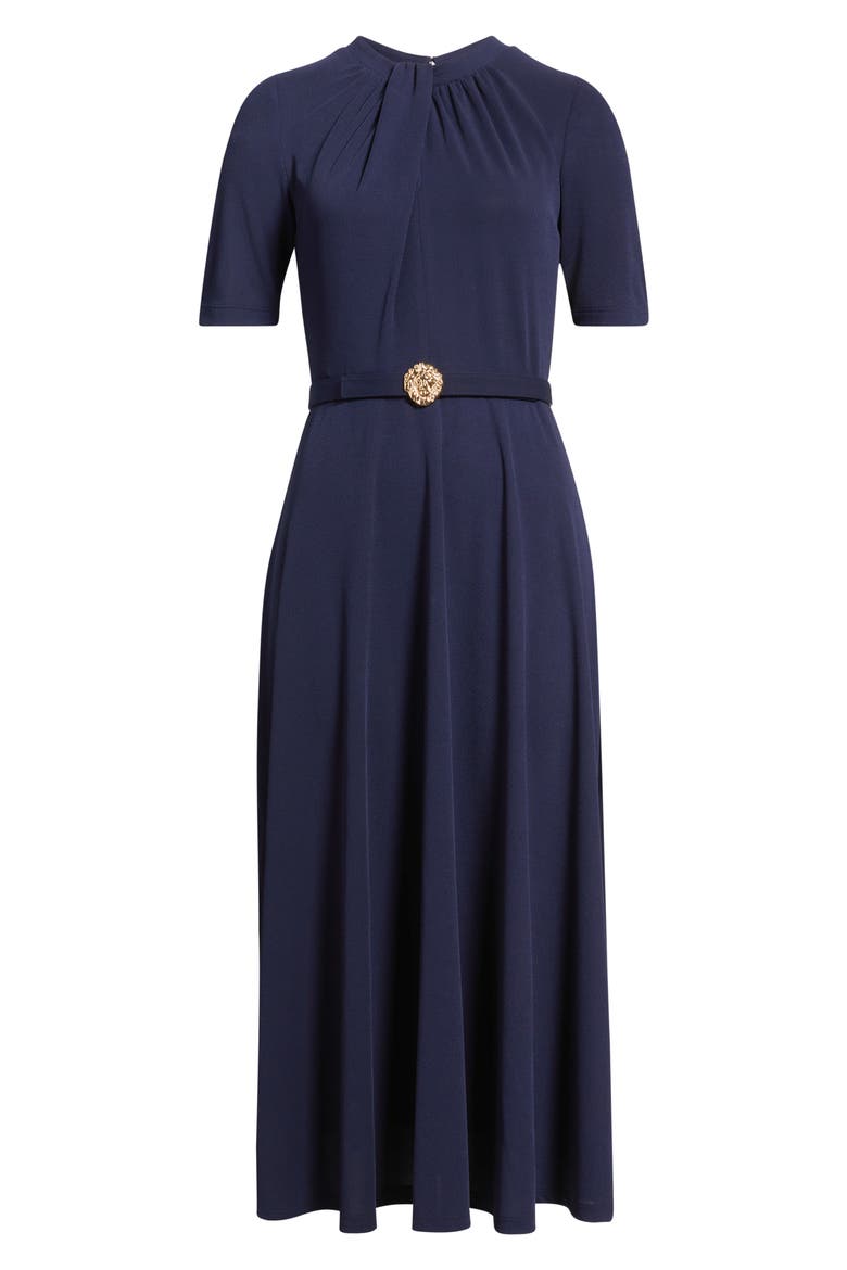 Twist Neck Belted Midi Dress, Alternate, color, DEEP NAVY