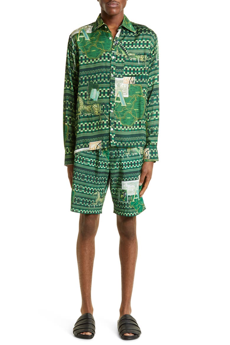 Buki Geo Map Print Recycled Polyester Swim Trunks, Alternate, color, GREEN