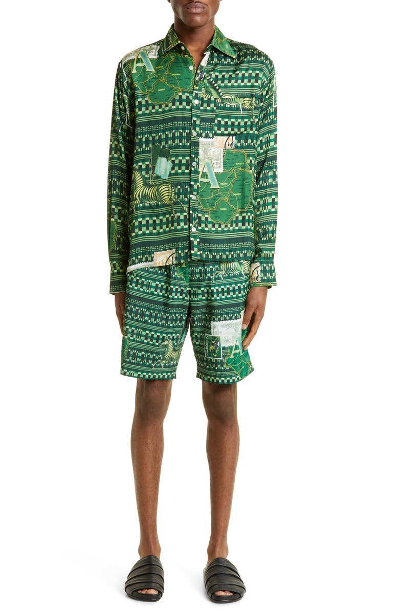 Ahluwalia Buki Geo Map Print Recycled Polyester Swim Trunks, Alternate, color,