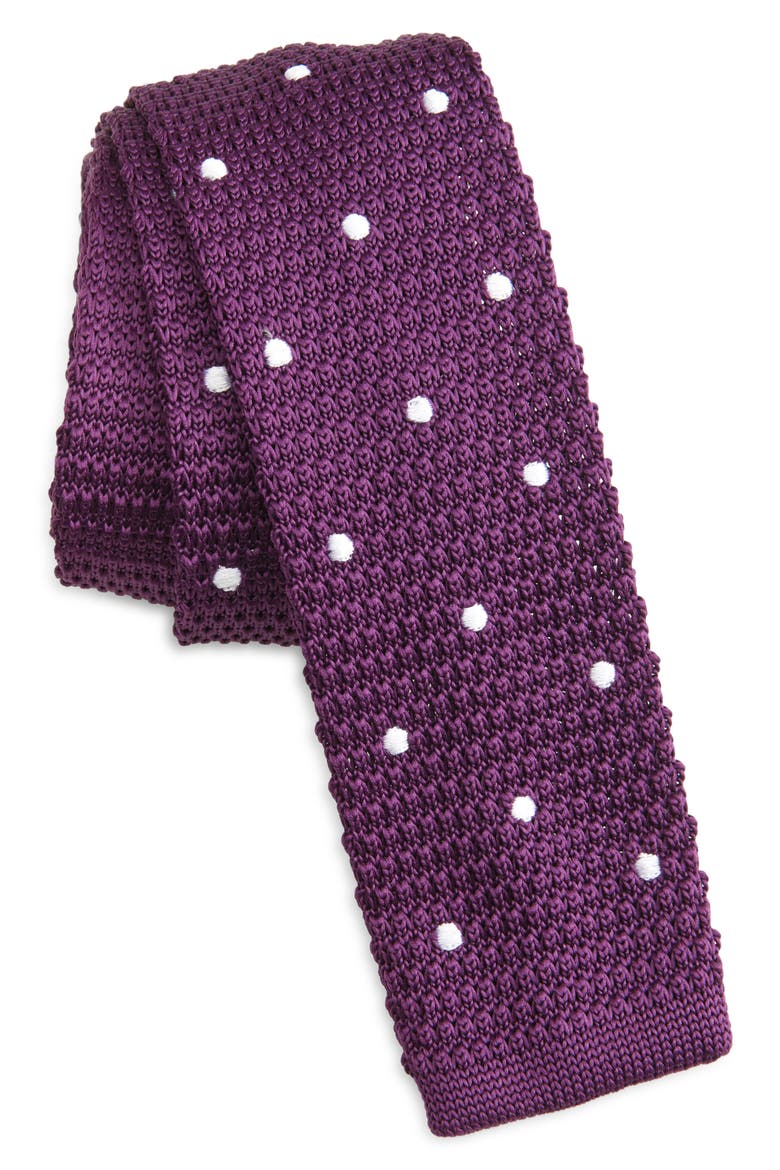 Plum Polka Dot Knit Silk Tie, Main, color, PLUM