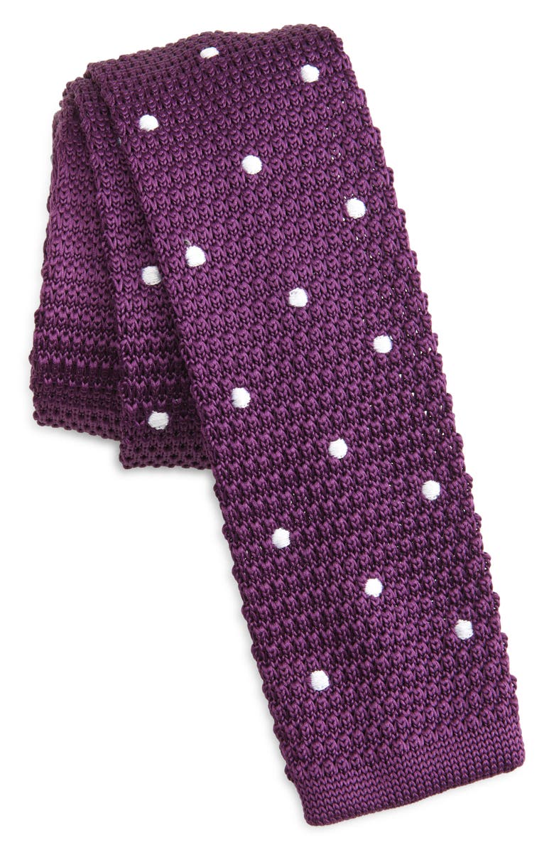 CLIFTON WILSON Plum Polka Dot Knit Silk Tie, Main, color, Plum