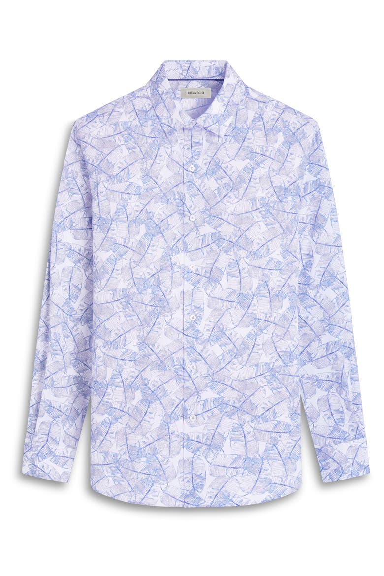 Julian Shaped Fit Leaf Print Stretch Cotton Button-Up Shirt, Alternate, color, COBALT