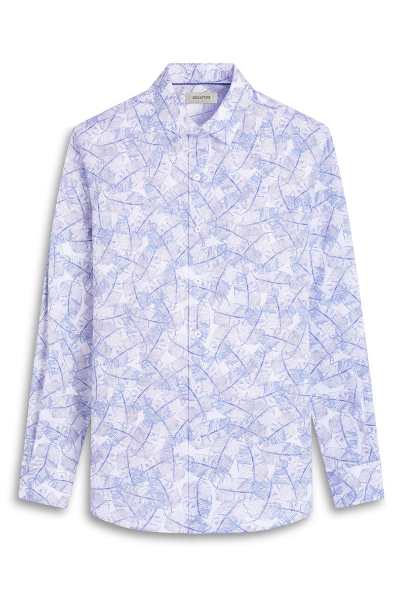 Bugatchi Julian Shaped Fit Leaf Print Stretch Cotton Button-Up Shirt, Alternate, color, Cobalt